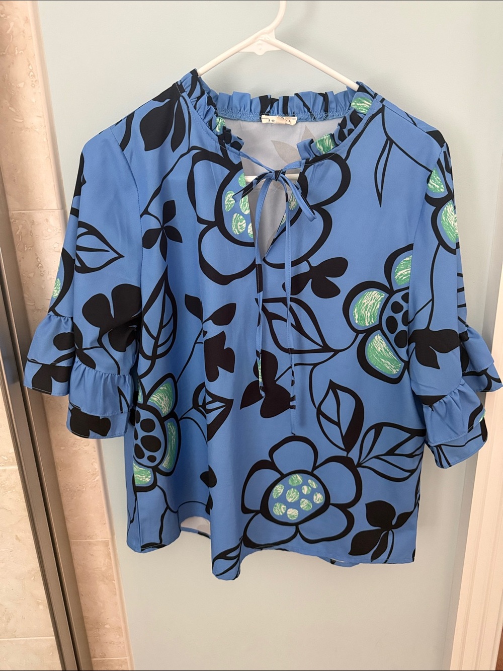 Blue Floral Tie-Neck Women’s Top